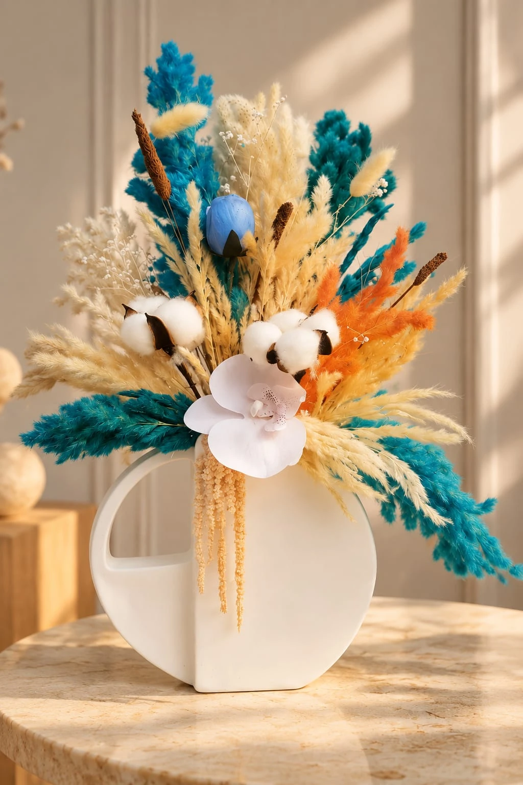 Azur solaire — composition florale bleu, turquoise, orange, blanc et crème dans un vase décoratif