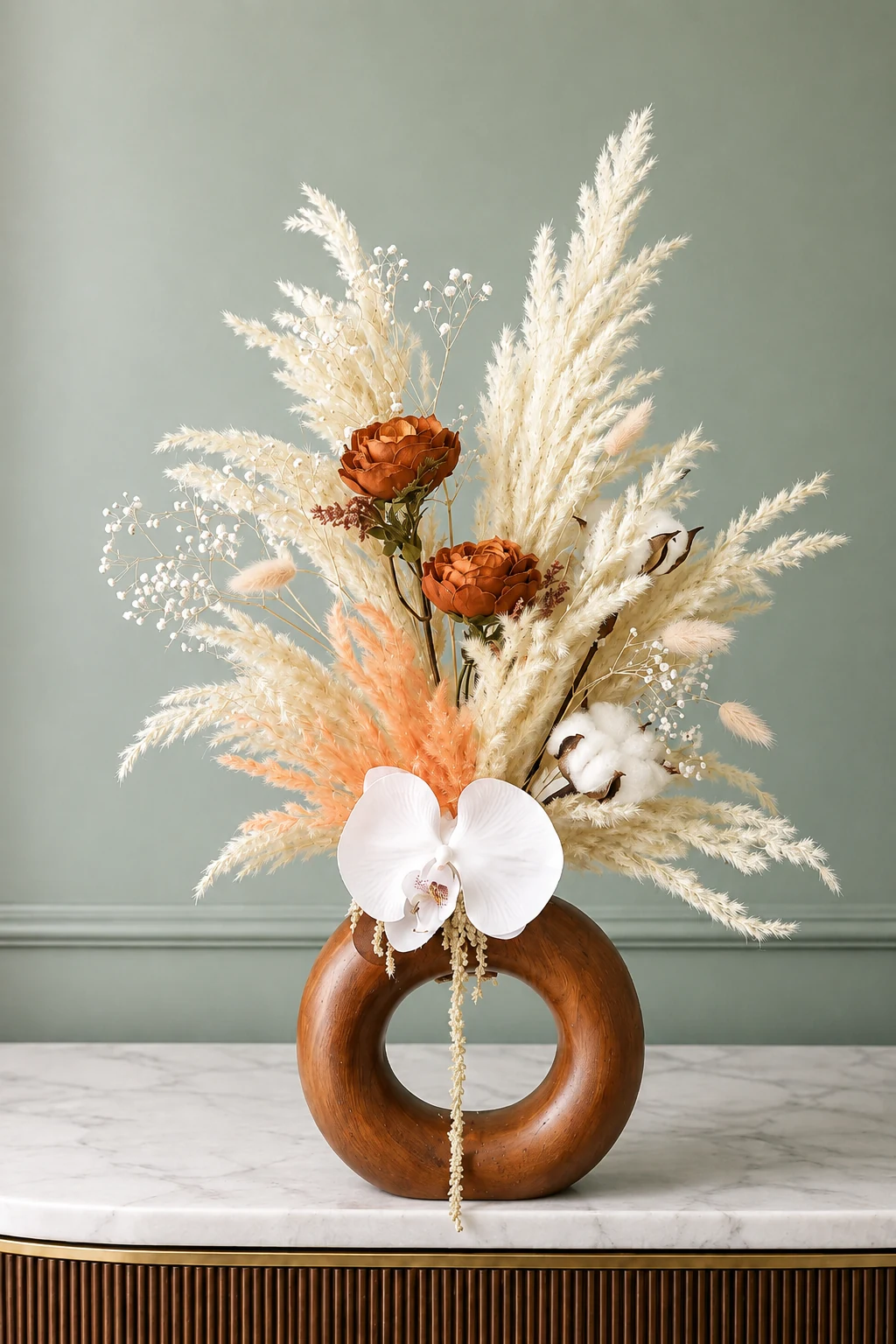 Cercle d’ambre, composition en fleurs séchées crème et terracotta dans un vase circulaire brun à l’aspect bois