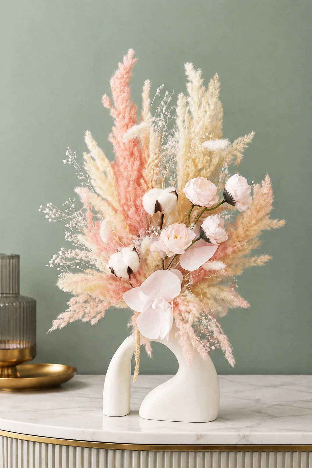 Étreinte poudrée, composition en fleurs séchées blush et ivoire dans un vase blanc sculptural