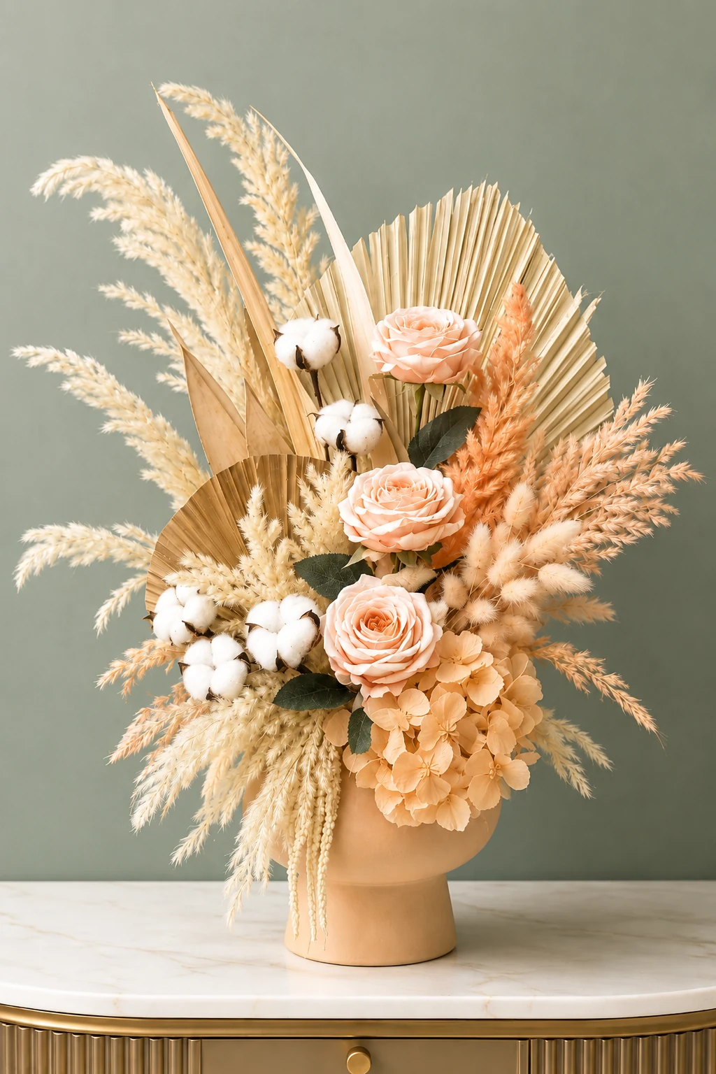 Éventail pêche, grande composition en fleurs séchées pêche et crème avec palmes dans un vase sable