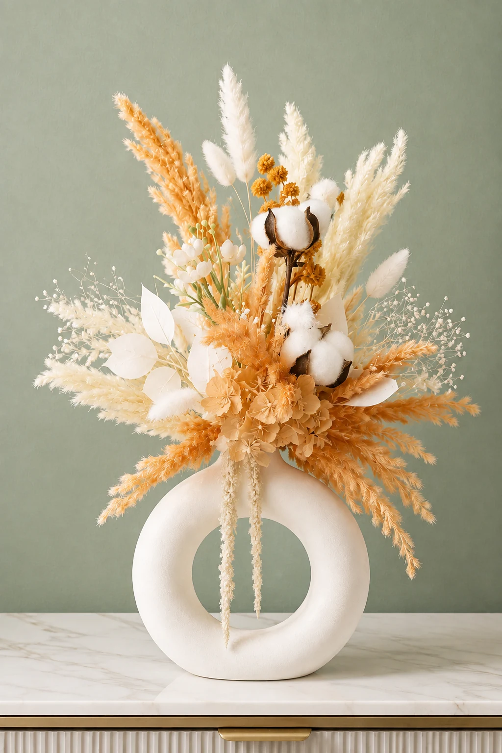 Halo d’ambre, composition en fleurs séchées miel et ivoire dans un vase circulaire blanc