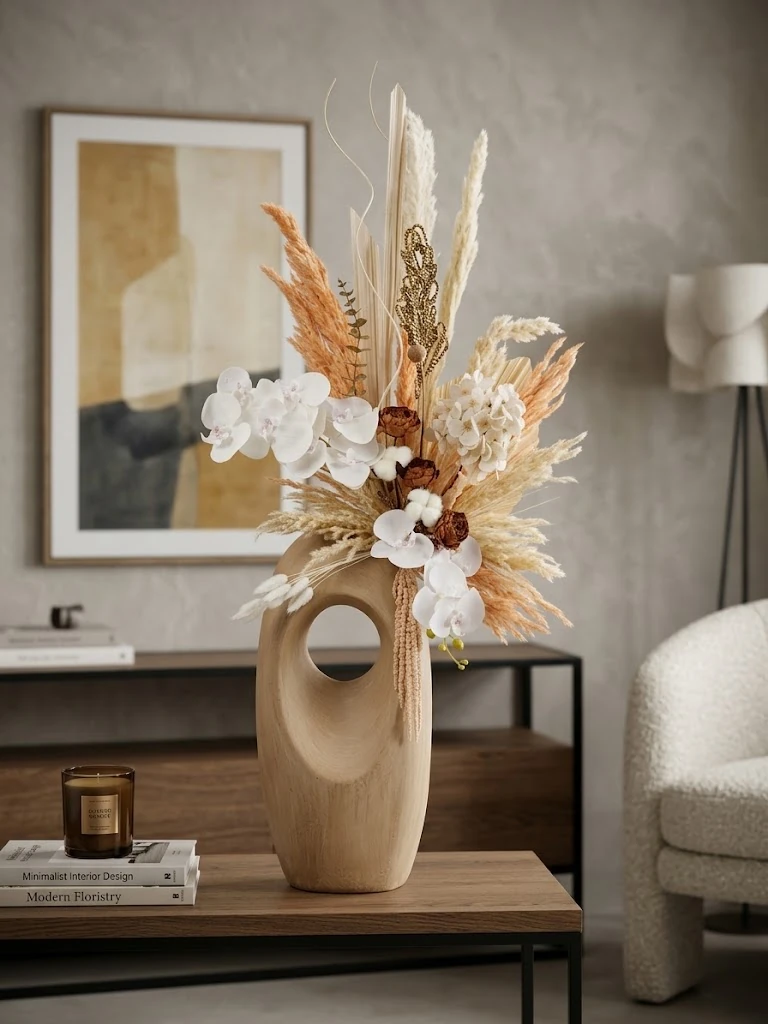 Ivoire naturel — composition florale ivoire, blanc, beige et caramel dans un vase décoratif