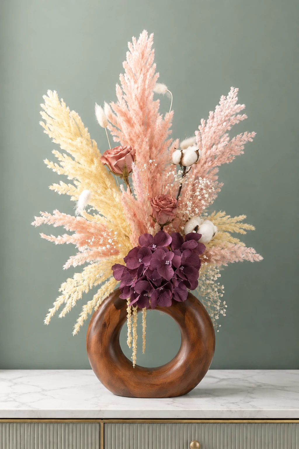 Prune velours, composition en fleurs séchées prune et rose dans un vase circulaire brun à l’aspect bois