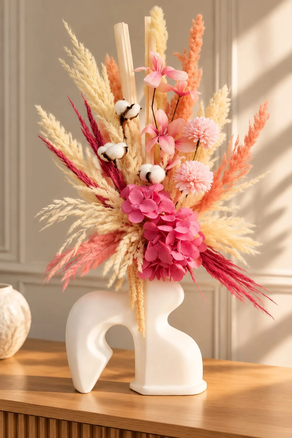 Rose corail — composition florale rose, corail, blanc et crème dans un vase décoratif