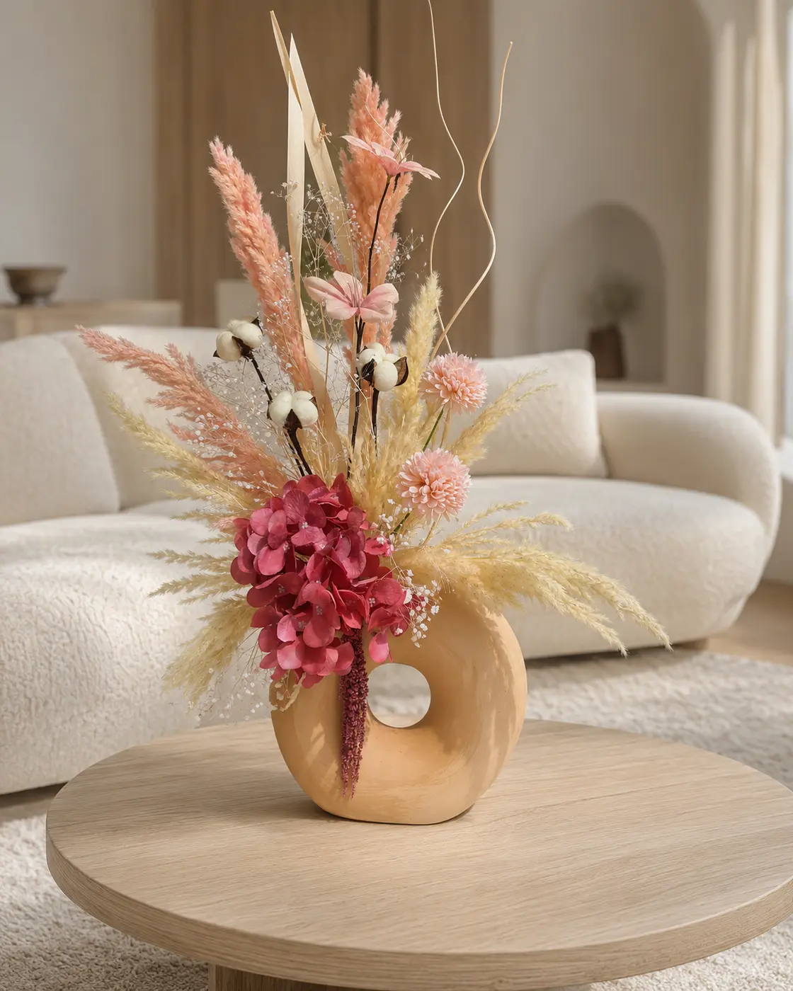 Rosée bohème, composition en fleurs séchées roses dans un vase circulaire beige