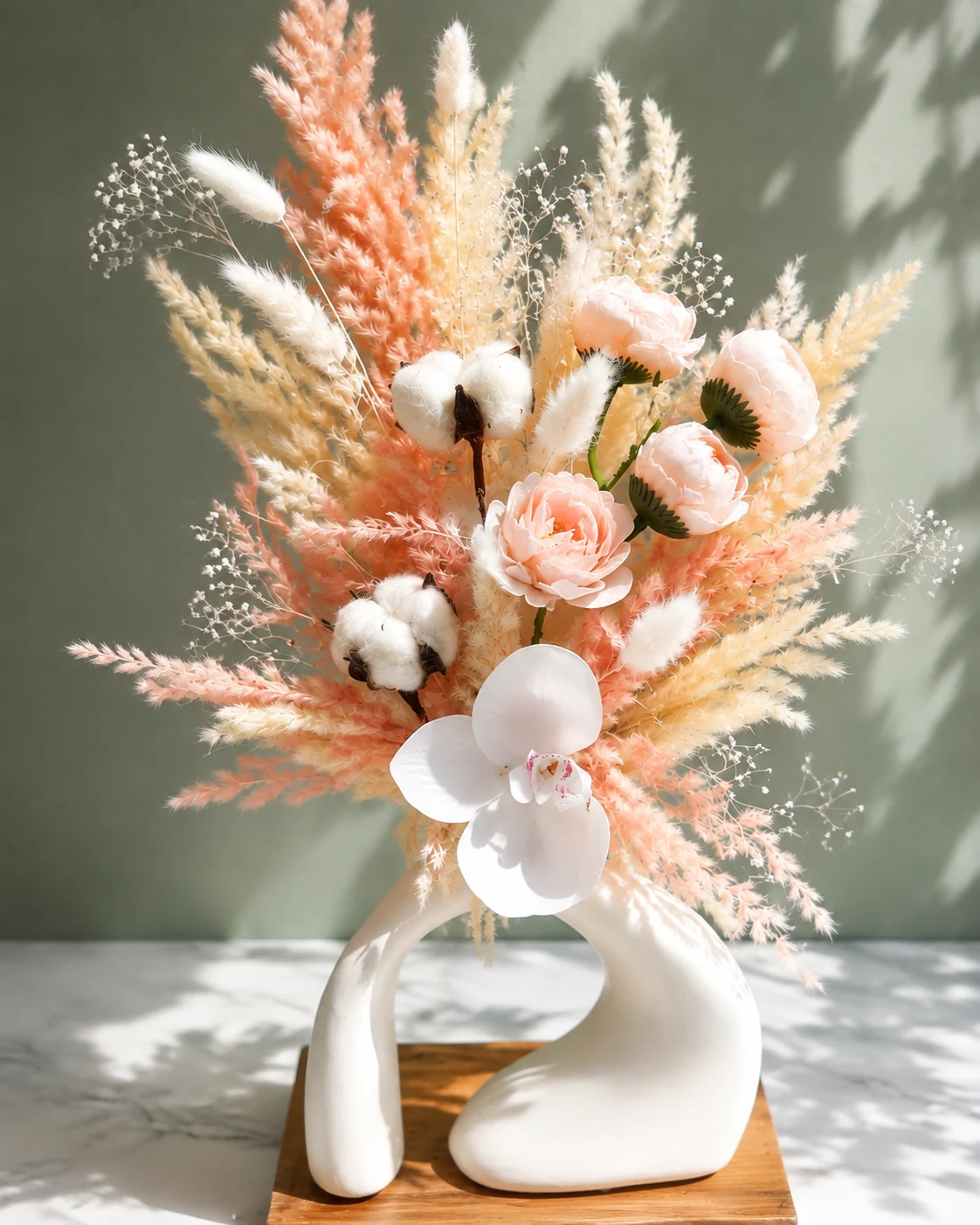 Rosée nacrée, composition en fleurs séchées pêche et ivoire dans un vase blanc aux formes organiques