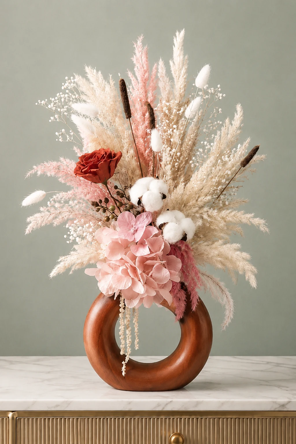 Rubis bohème, composition en fleurs séchées rose poudré et ivoire dans un vase circulaire brun à l’aspect bois